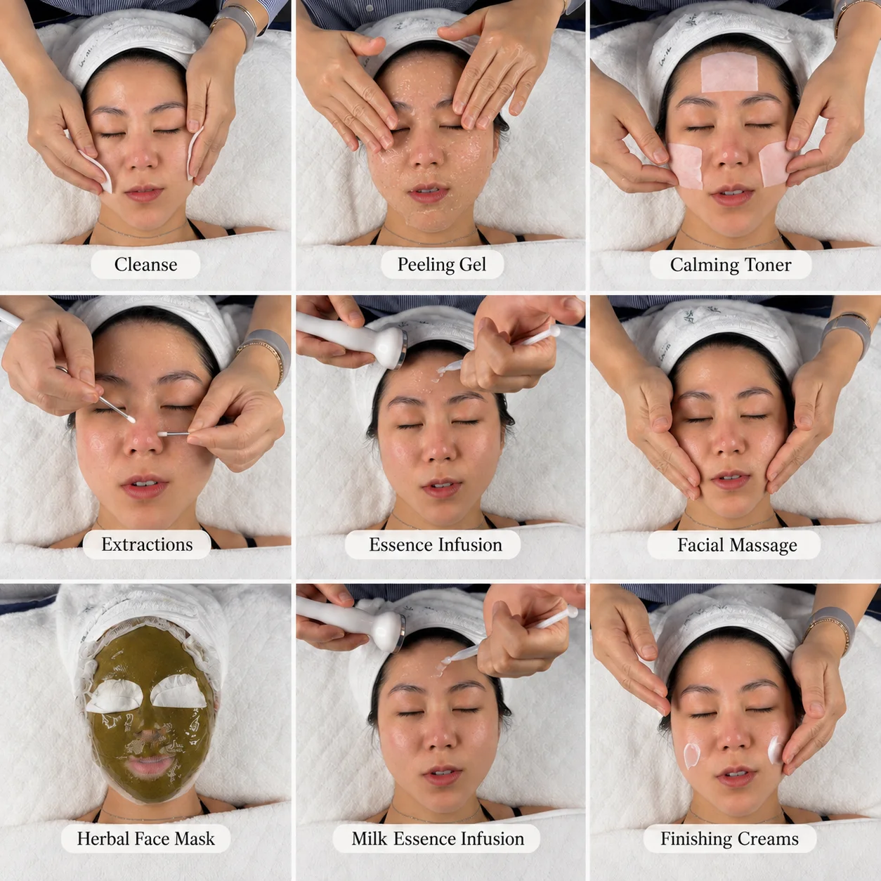 Nine stages of a Hailey Beauty facial, from cleansing to finishing cream