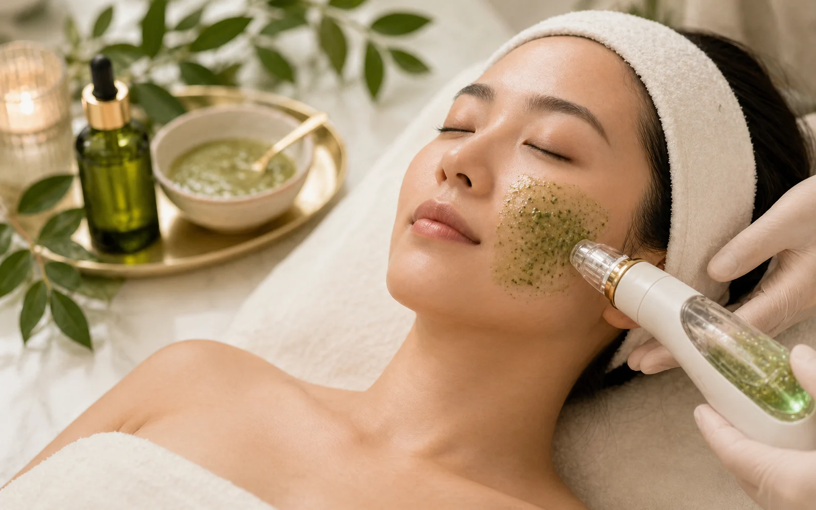 A client receiving a herbal facial treatment at Hailey Beauty