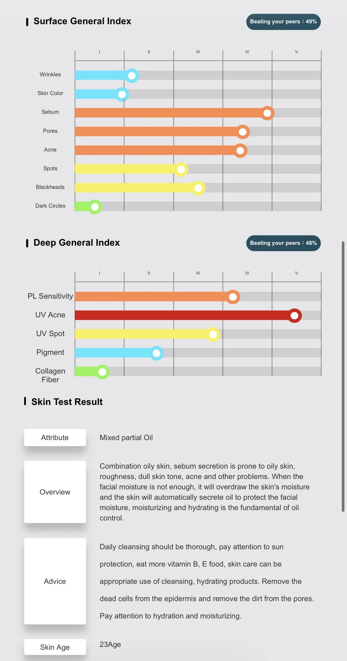 Digital skin analysis charts and measured indicators